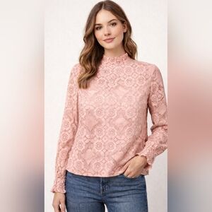 Ultra Pink Crotchet Lace Detail Mock Neck Ruffle Long Sleeve XL EUC PTP 23